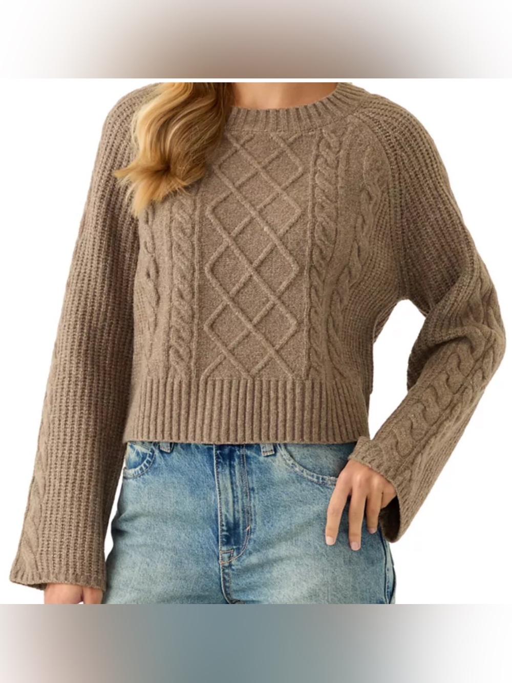Women's Pink Rose Long Raglan Sleeve Crew Neck Cable Knit Sweater Size Small